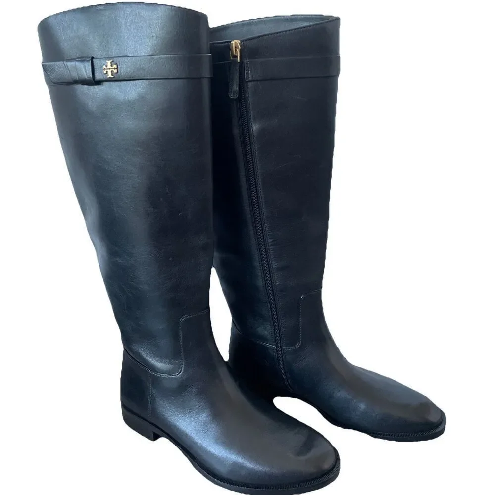 New Tory Burch Everly Strap Riding Boot Perfect Black Leather size 7W